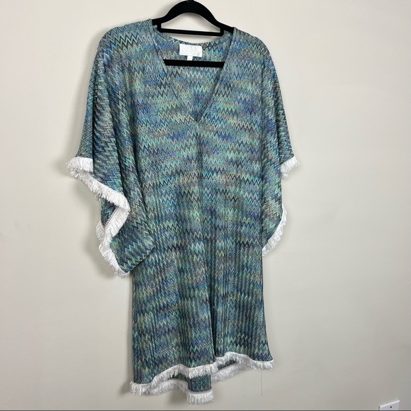 ALEXIS PONCHO COVER UP IN BLUE AND GREEN WITH WHITE FRINGE TRIM SIZE XS/S - Picture 5 of 13